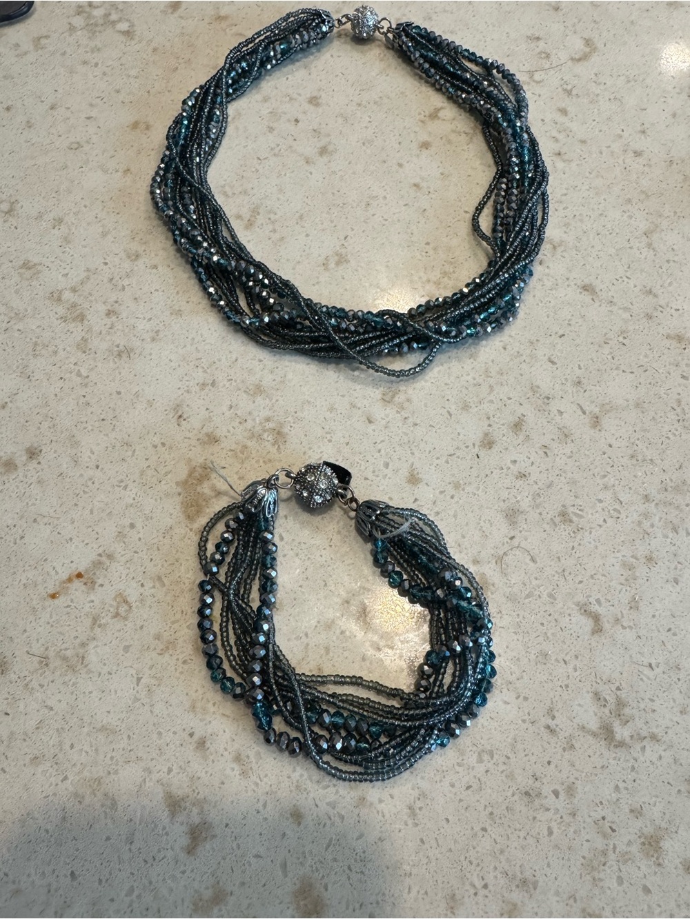 Multi-Strand Teal and Gunmetal Beaded Necklace and Bracelet Set